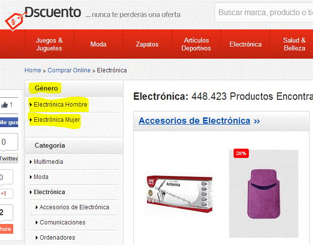 Menú por género en dscuento.com